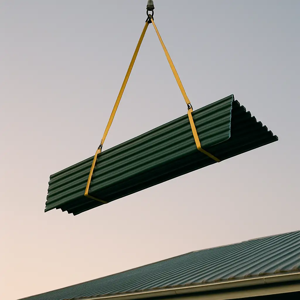 A sheet of corrugated roofing iron suspended from crane slings against an early-morning Auckland sky