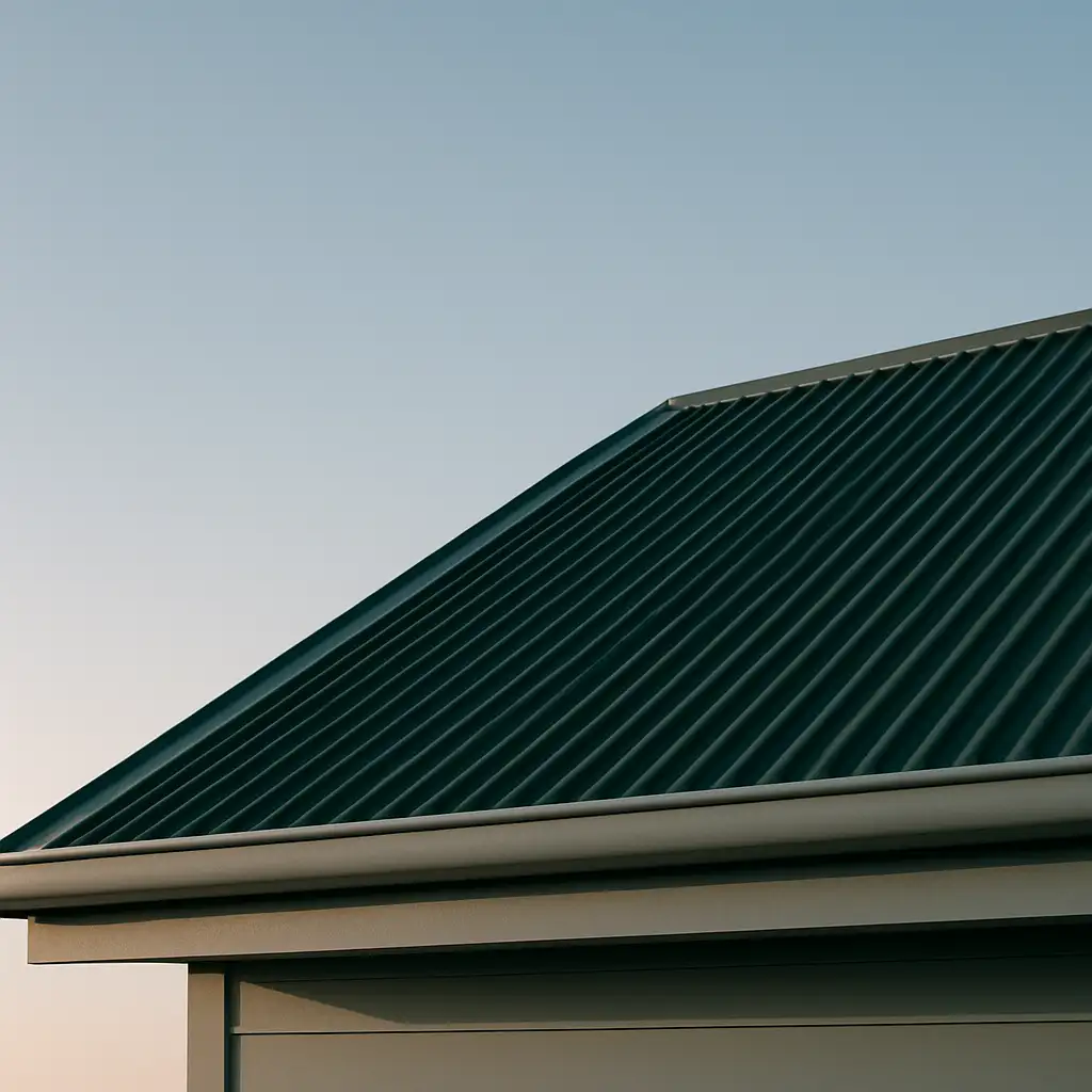 A finished deep-green corrugated iron roof plane with a crisp new gutter line against a clear sky