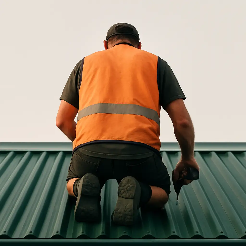 A roofer in a hi-vis vest seen from behind, fixing a run of corrugated iron along a roof ridge under a clear sky